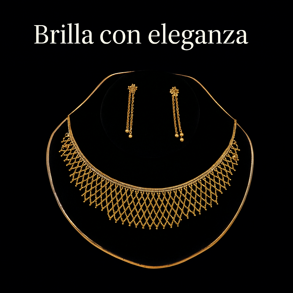 Collana e orecchini dorati su sfondo nero — eleganza accessibile della collezione gioielli BeautyRevive.it