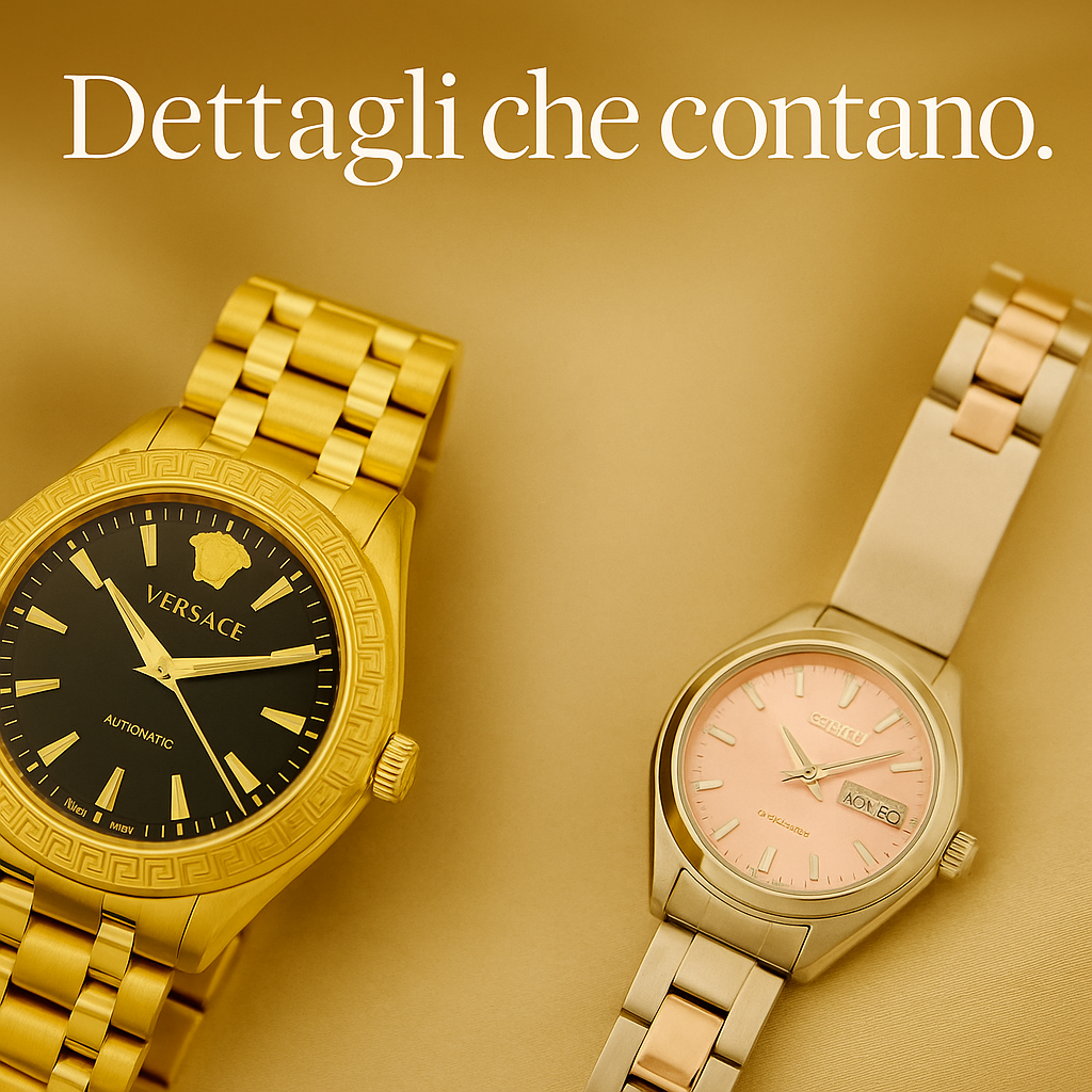 Due orologi eleganti su sfondo dorato: modello uomo dorato con quadrante nero e modello donna con quadrante rosa — dettagli che contano, collezione orologi BeautyRevive.it.