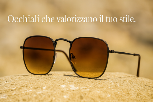 Occhiali da sole uomo con lenti sfumate appoggiati su roccia, stile moderno.